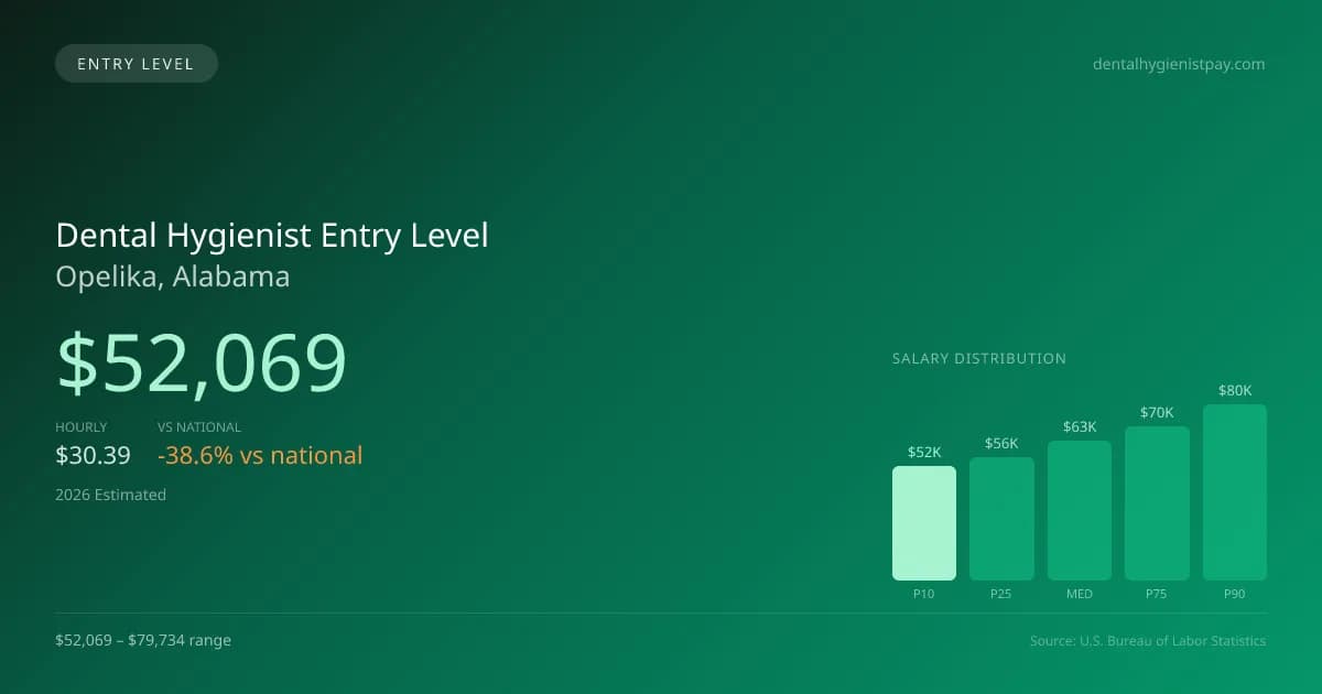 Dental Hygienist Entry Level Salary in Opelika, AL — 2026 est., based on 2025 BLS
